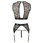 SET INTIMO IN PIZZO DONNA FETISH CON MANETTE REGGICALZE PERIZOMA APERTO E TOP NERO